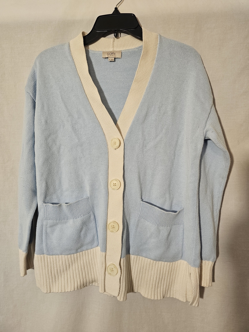 LOFT Pale Blue Cardigan with Cream Trim and Buttons